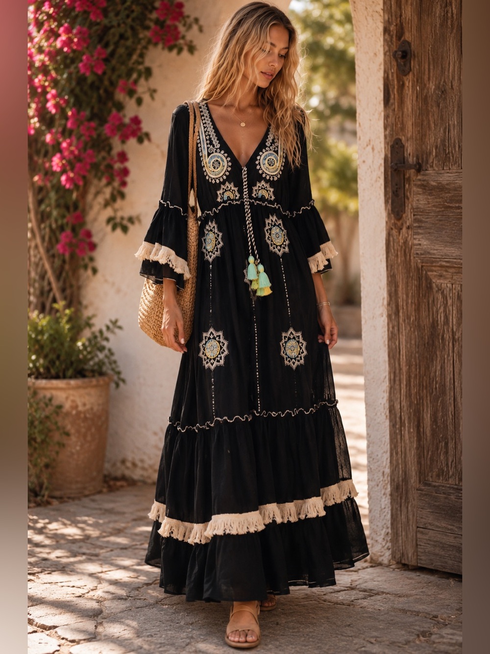 116. LAST 1! FROM EUROPE/Black Embroidered Boho Maxi Dress Tassel embellishment